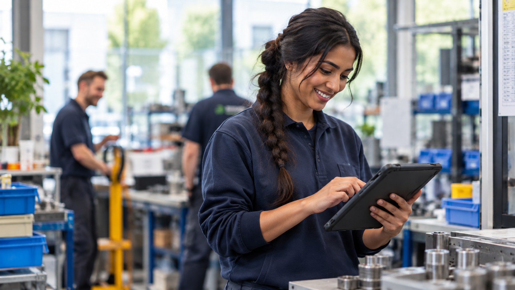 Vrouw met tablet op de werkvloer