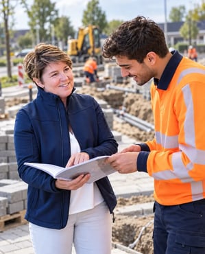 Brenda in gesprek met een medewerker op een bouwplaats