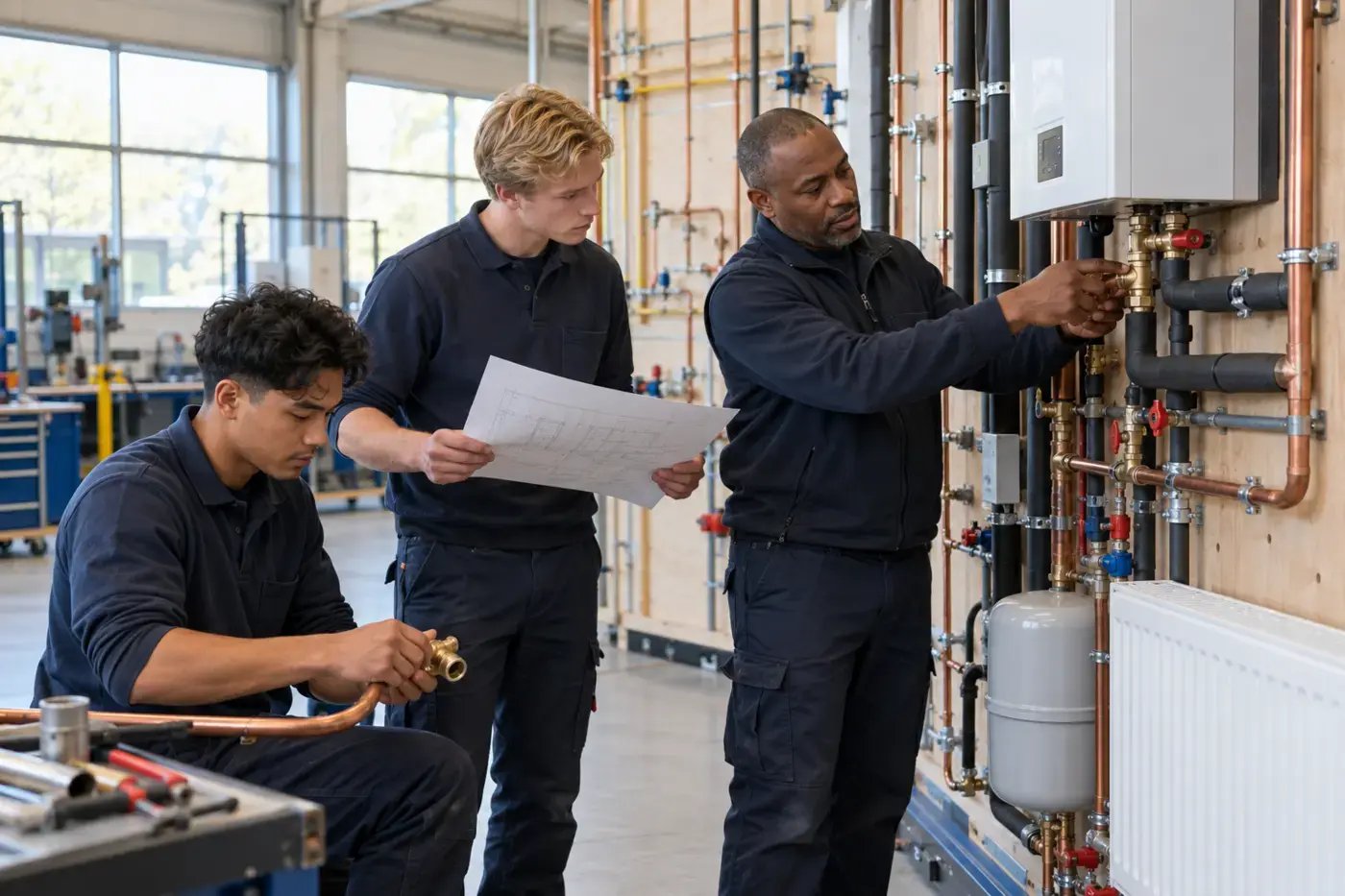 Praktijkinstructeur begeleidt twee leerlingen bij een installatieopstelling.
